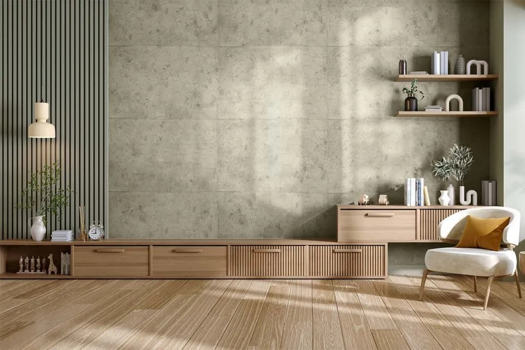 Betonoptik TV-Wand mit Steinspachtel-Paneelen